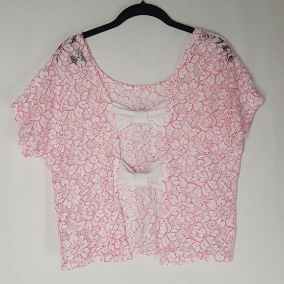 WET SEAL Pink White Lace Short Sleeve Bow Back Top XL - Picture 6 of 8
